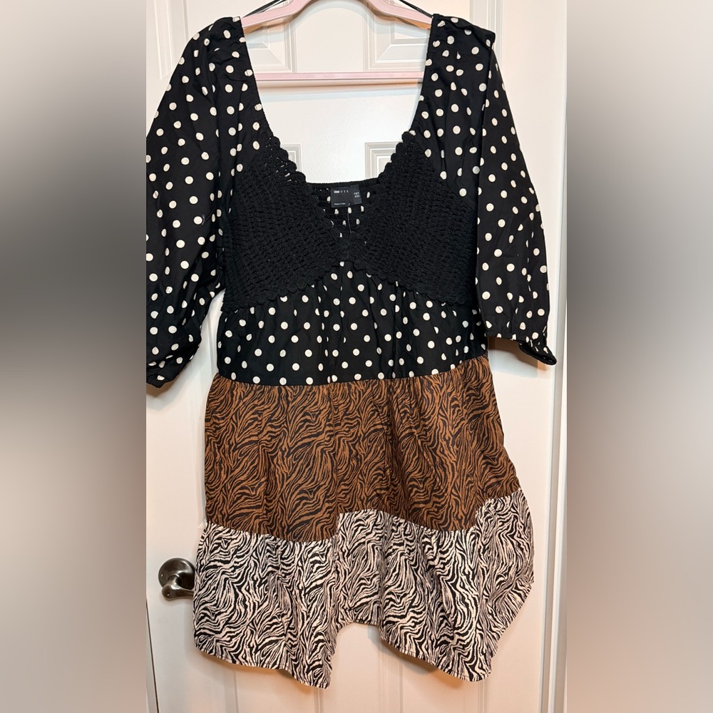 ASOS Black and Brown Mixed Patterned and Crocheted Mini Dress